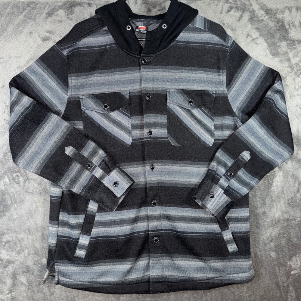 Mens Medium Quiksilver Shirt Jacket Black Grey Excellent Striped Hooded Flannel